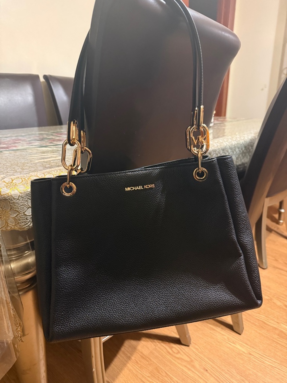 Michael Kors Black Pebbled Shoulder Tote with Gold Hardware
